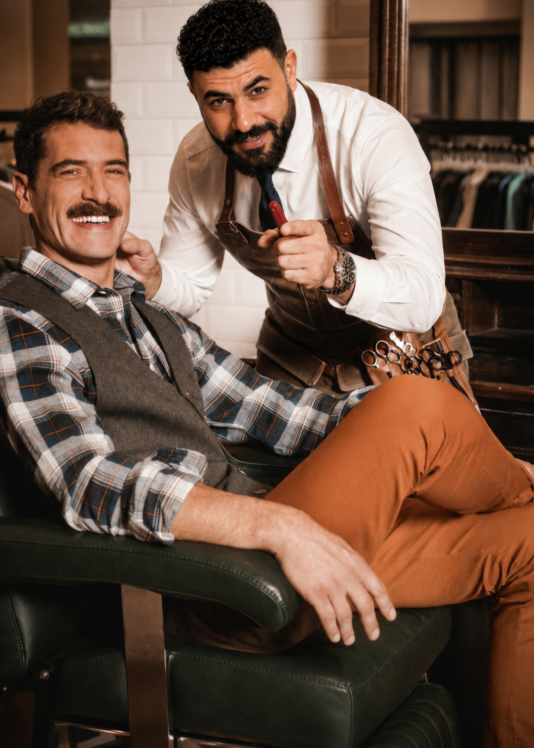 Ali Kalari, founder of House of Kalari, with a client in the Wimbledon barber chair